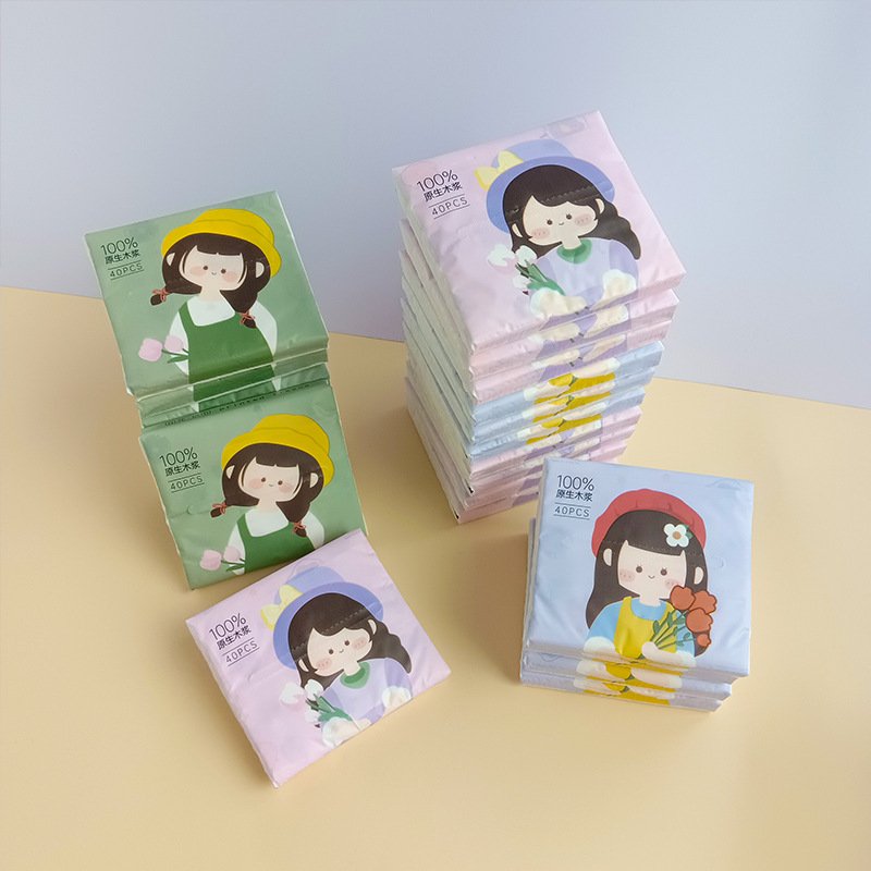 FSC Flower Girl Portable Facial Tissues Wood Pulp Color Printed Soft 40 Pull Cute Cartoon Handkerchief Pocket Tissue