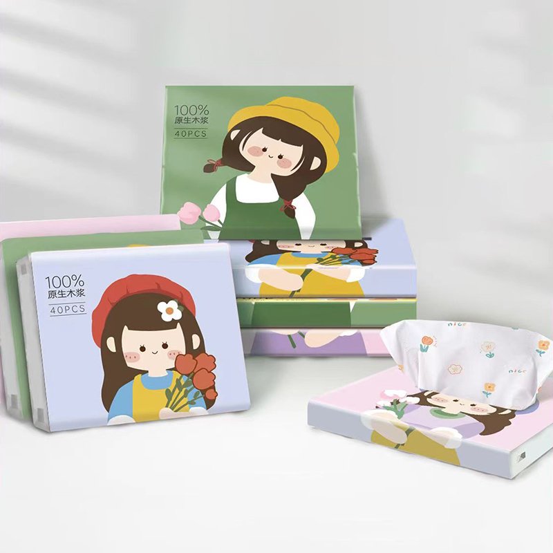 FSC Flower Girl Portable Facial Tissues Wood Pulp Color Printed Soft 40 Pull Cute Cartoon Handkerchief Pocket Tissue