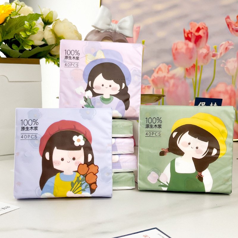 FSC Flower Girl Portable Facial Tissues Wood Pulp Color Printed Soft 40 Pull Cute Cartoon Handkerchief Pocket Tissue