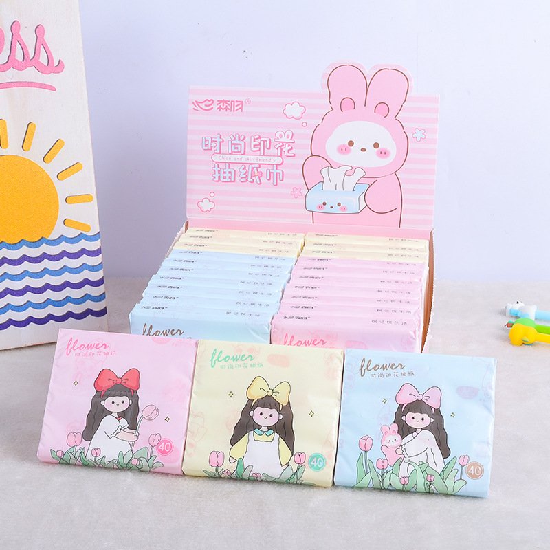 FSC Flower Girl Portable Facial Tissues Wood Pulp Color Printed Soft 40 Pull Cute Cartoon Handkerchief Pocket Tissue