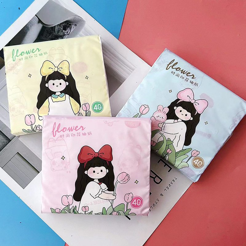 FSC Flower Girl Portable Facial Tissues Wood Pulp Color Printed Soft 40 Pull Cute Cartoon Handkerchief Pocket Tissue