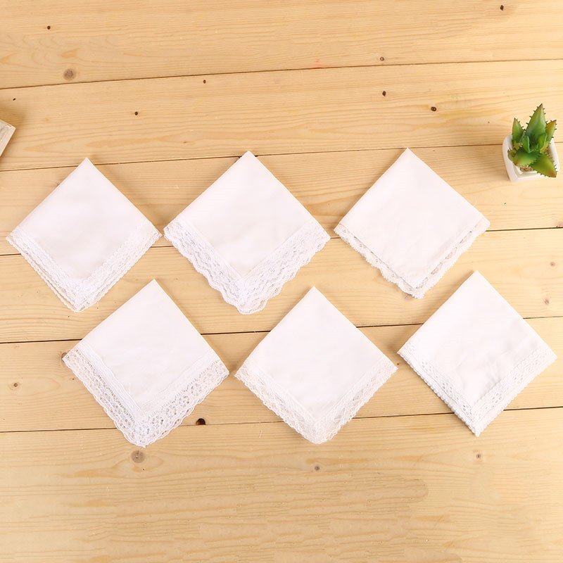 25 x 25 cm high quality muslin white lace ladies handkerchief made of cotton