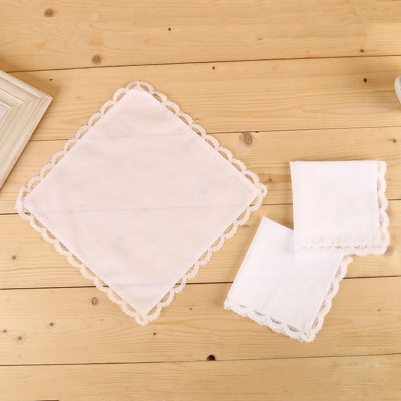 25 x 25 cm high quality muslin white lace ladies handkerchief made of cotton