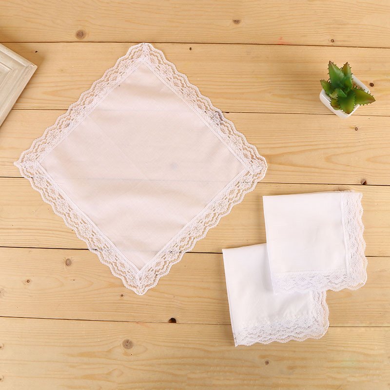 25 x 25 cm high quality muslin white lace ladies handkerchief made of cotton