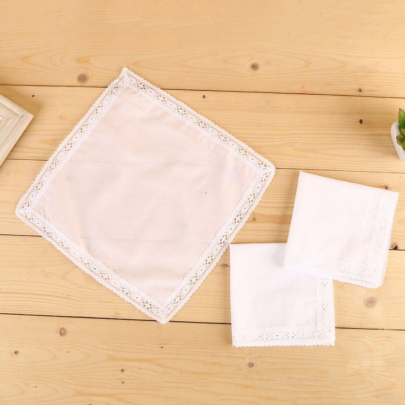 25 x 25 cm high quality muslin white lace ladies handkerchief made of cotton
