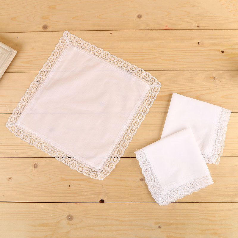25 x 25 cm high quality muslin white lace ladies handkerchief made of cotton