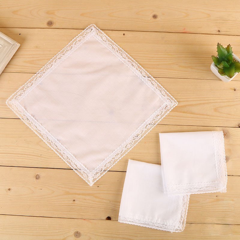25 x 25 cm high quality muslin white lace ladies handkerchief made of cotton