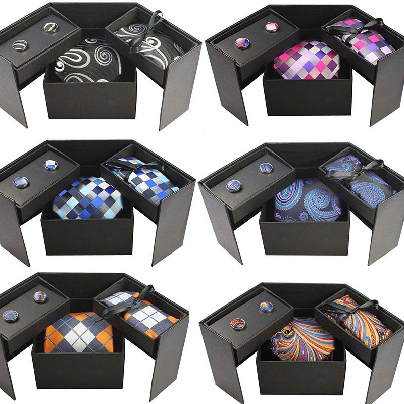Wedding Men Neckties Gift Big Square Box Packing Men Brand Luxury Necktie Pocket Square Tie Set Cufflinks Handkerchief