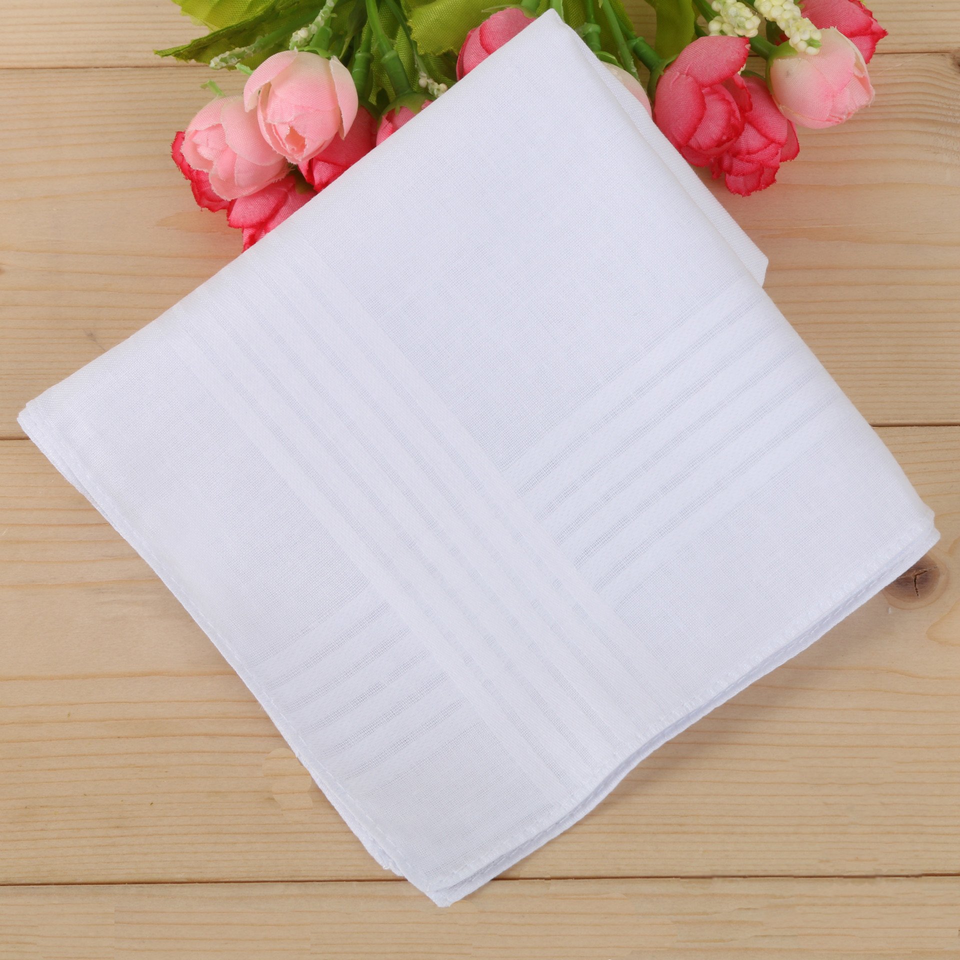 High Quality Solid White Square Scarf Mens Hanky Custom Striped 100% Soft Cotton Handkerchiefs For Men