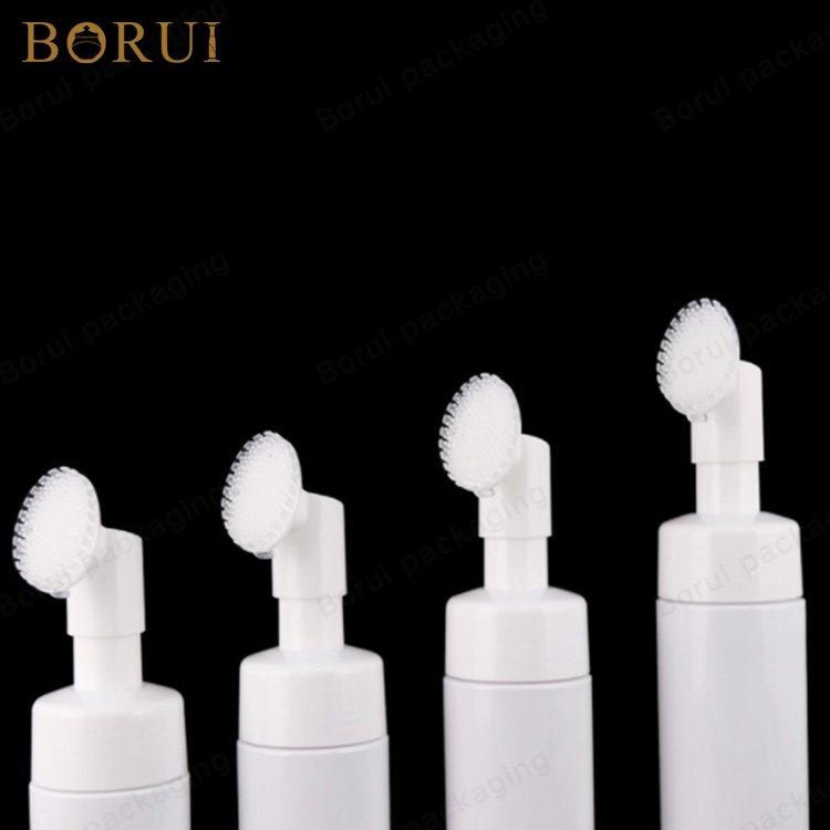 Low moq transparent round plastic bottle with brush pump cleaning facial brush foam bottle