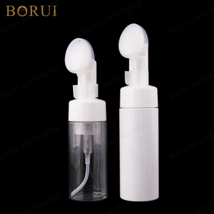 Low moq transparent round plastic bottle with brush pump cleaning facial brush foam bottle