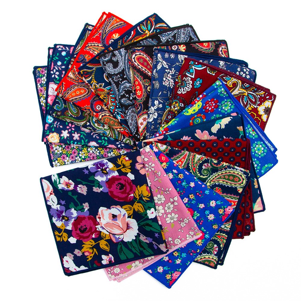 New 25x25cm Printing Flower Paisley Pocket Squares Fashion Vintage Suit Pocket Towel Hanky Cotton Handkerchief for Men