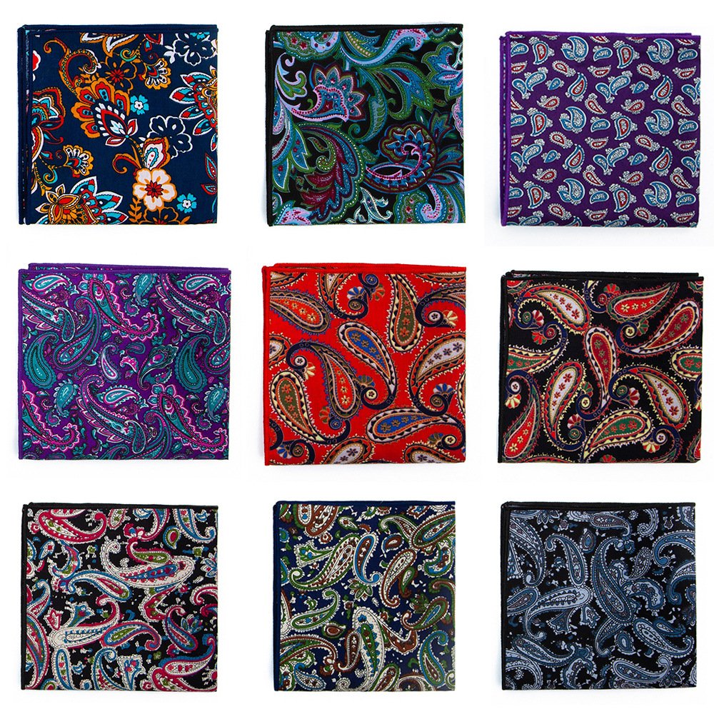 New 25x25cm Printing Flower Paisley Pocket Squares Fashion Vintage Suit Pocket Towel Hanky Cotton Handkerchief for Men