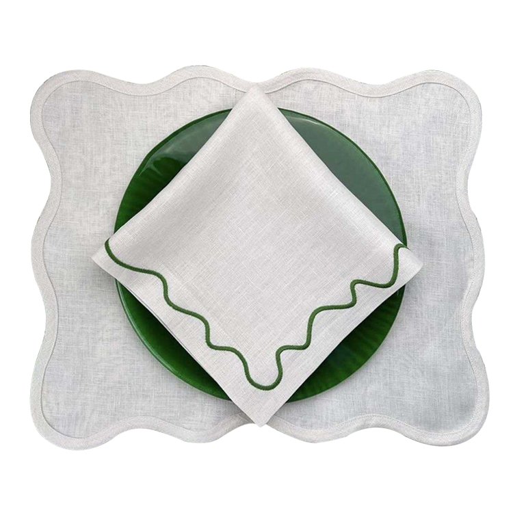 Embroidered Cotton Linen Napkins Wedding Placemats Coloured Edge Scalloped Design Home Use Made Premium Fabric Dinner Napkins