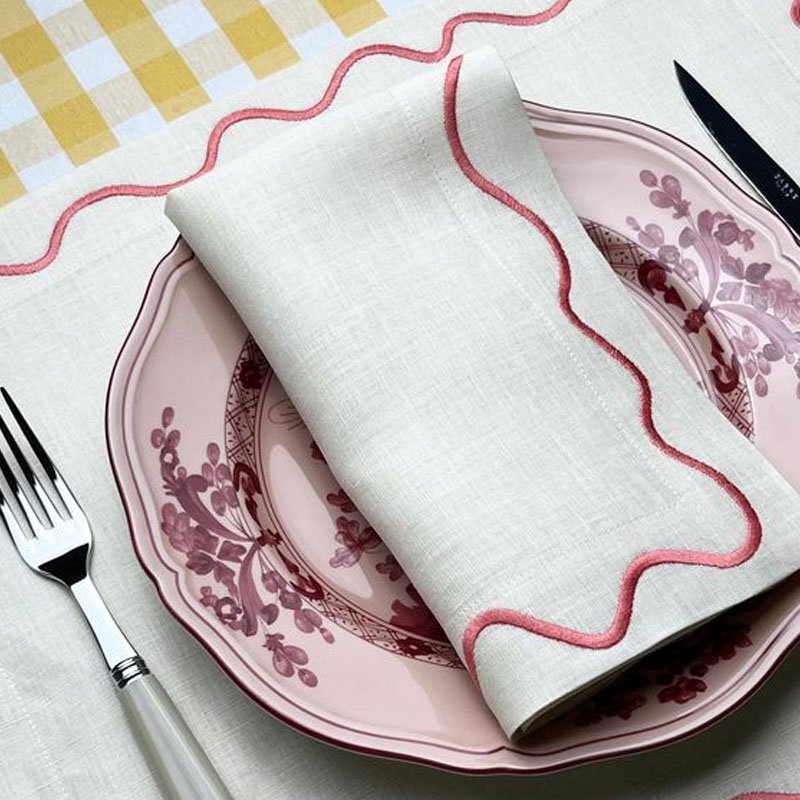 Embroidered Cotton Linen Napkins Wedding Placemats Coloured Edge Scalloped Design Home Use Made Premium Fabric Dinner Napkins