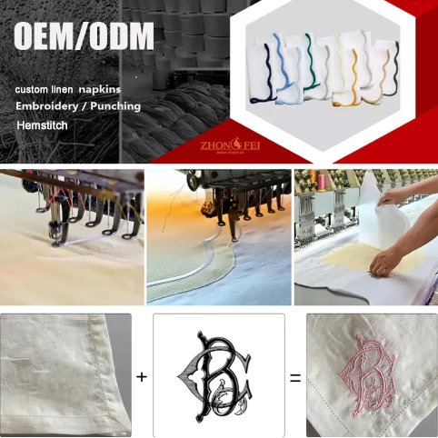 Embroidered Cotton Linen Napkins Wedding Placemats Coloured Edge Scalloped Design Home Use Made Premium Fabric Dinner Napkins