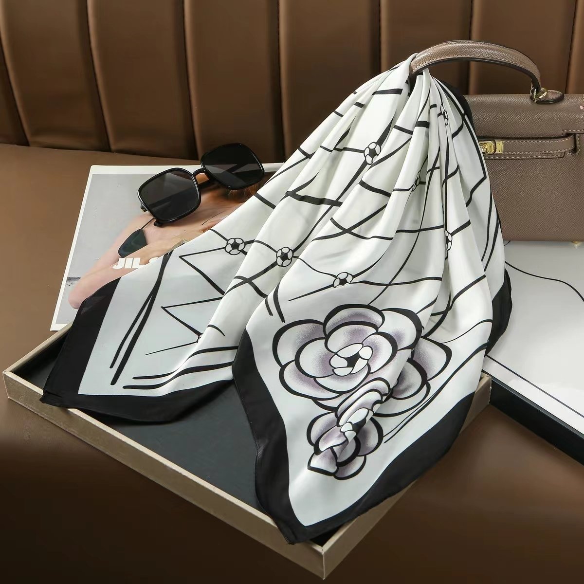 70X70cm Fashion Mesh Camellia Handkerchiefs Kerchief Neckerchief Lady Square Imitation Silk Scarf For Women Stylish