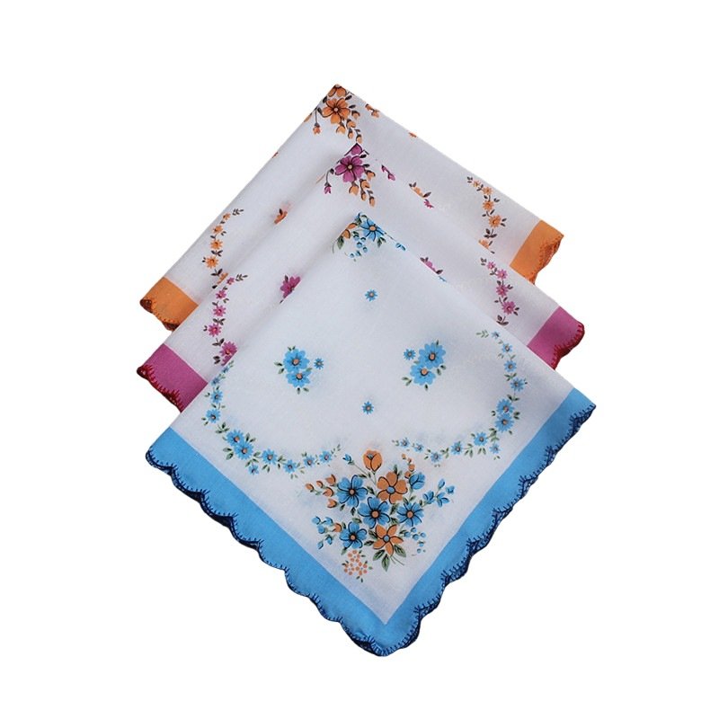HZO-23021 Wholesale White Cotton Fancy Flower Print Lace Edge Handkerchief For Women Ladies