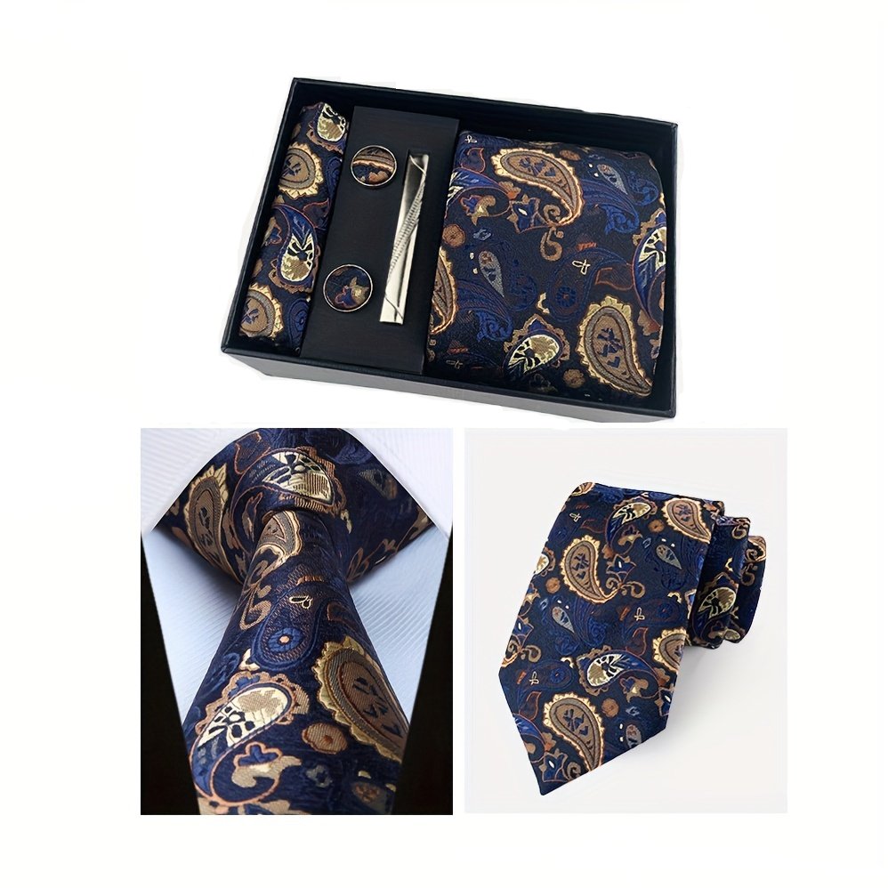 Elegant Wedding Pocket Square Handkerchief Cufflinks Formal Business Neckties Men's Tie Set Clip Gift Box Packaging