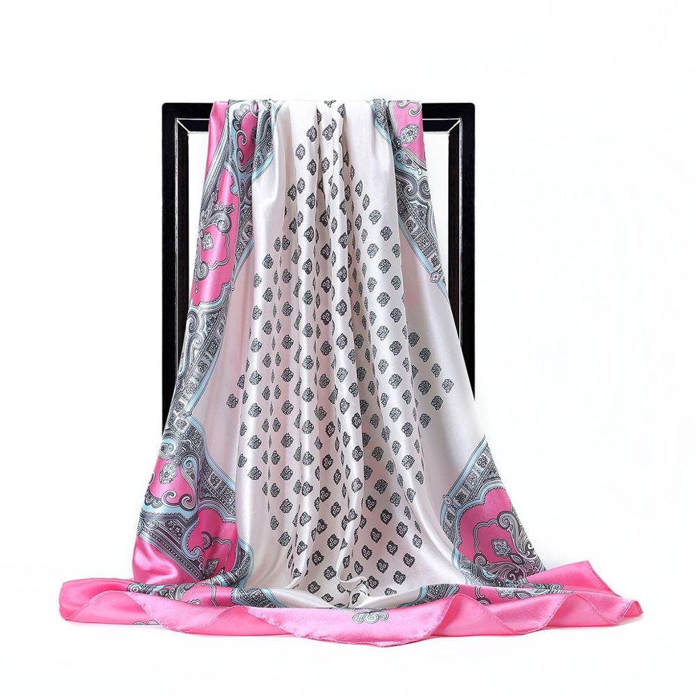 New Silk Large Scarf Women Fashion Belt Pattern Satin Square Scarves for Ladies Luxury Brand Design Handkerchief 90x90cm Bandana