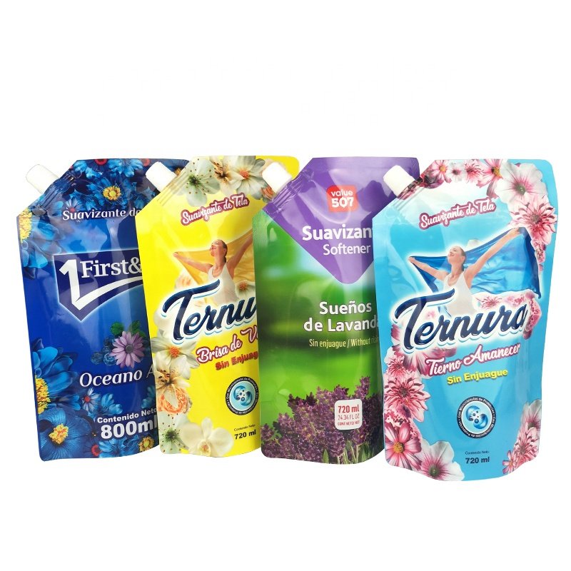 Stand up spout pouch 720ml 800ml laundry detergent packaging white PE liquid pouch with corner spout