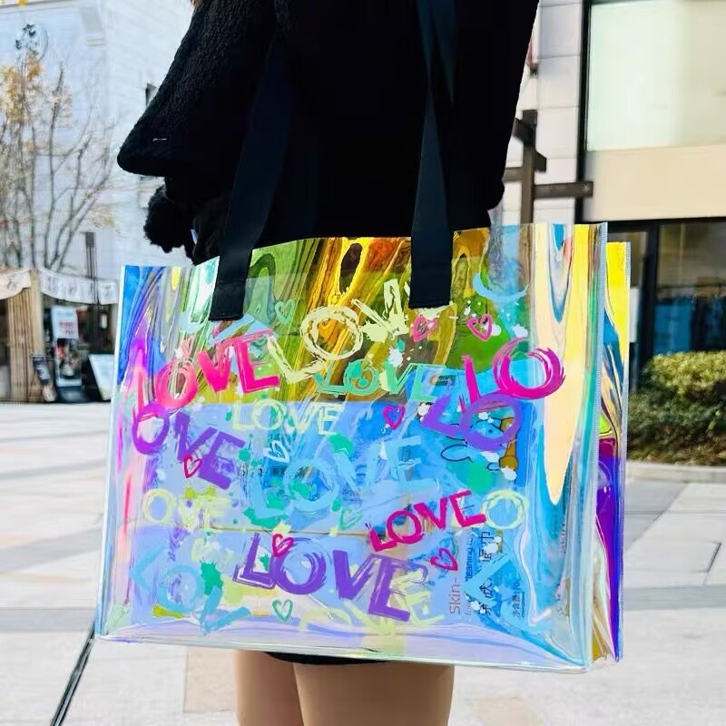 Wholesale High Quality Fashion Custom Laser Hologram Handbags makeup pouch clear Bag Waterproof Beach Tote PVC Bag for Women