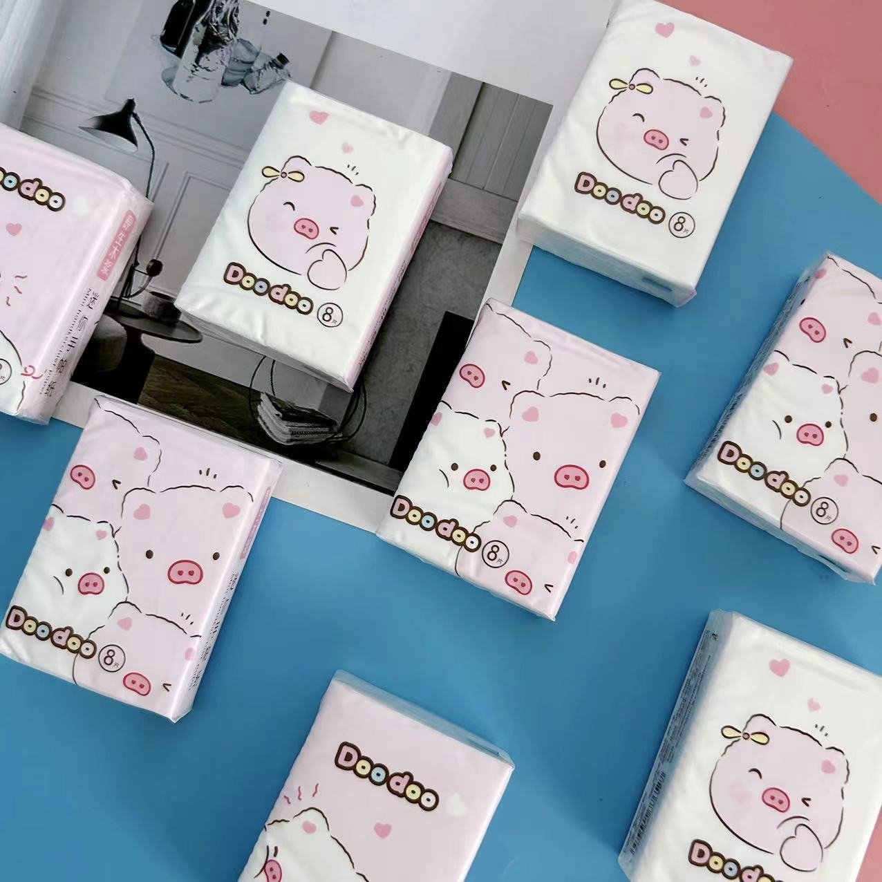 FSC Mini Pink Pig Pocket Tissues 9 Pcs Pack Travel Tissues Cute Virgin Wood Pulp Paper Handkerchief Portable Cleansing Tissue