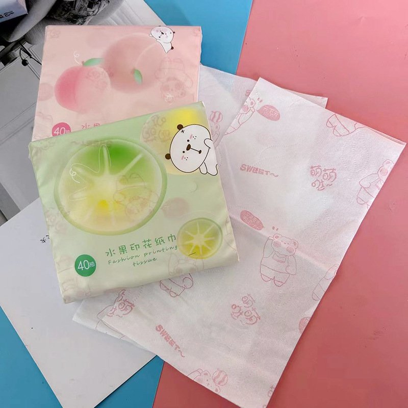 FSC Fruit Bear Pocket Tissue Color Printed Soft Portable Facial Tissues Wood Pulp 40 Pull Cute Cartoon Handkerchief