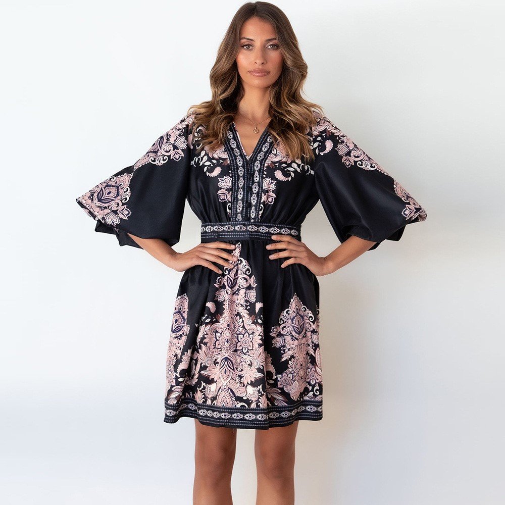 Wholesale Floral Print Vintage Beach Short Dresses Women Lantern Sleeve High Waist V-Neck Robe Courte De Plage