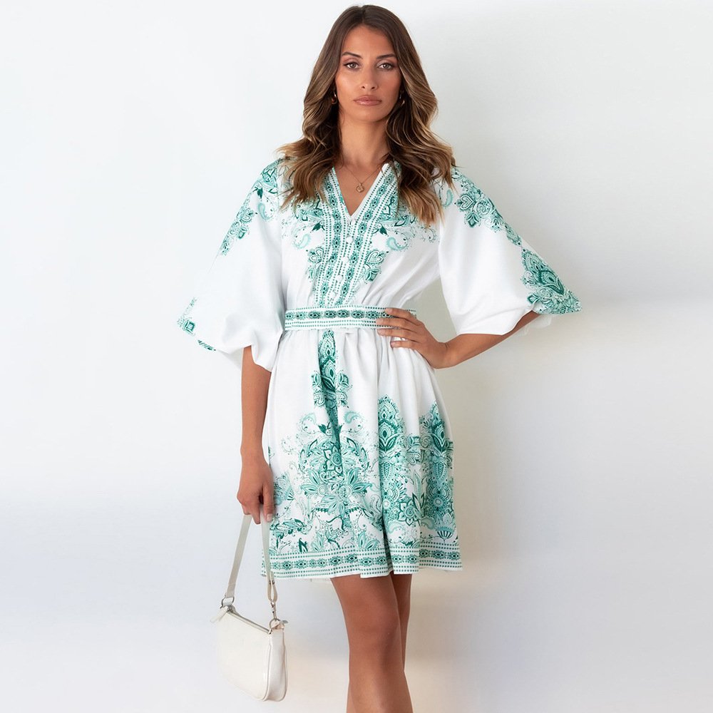 Wholesale Floral Print Vintage Beach Short Dresses Women Lantern Sleeve High Waist V-Neck Robe Courte De Plage