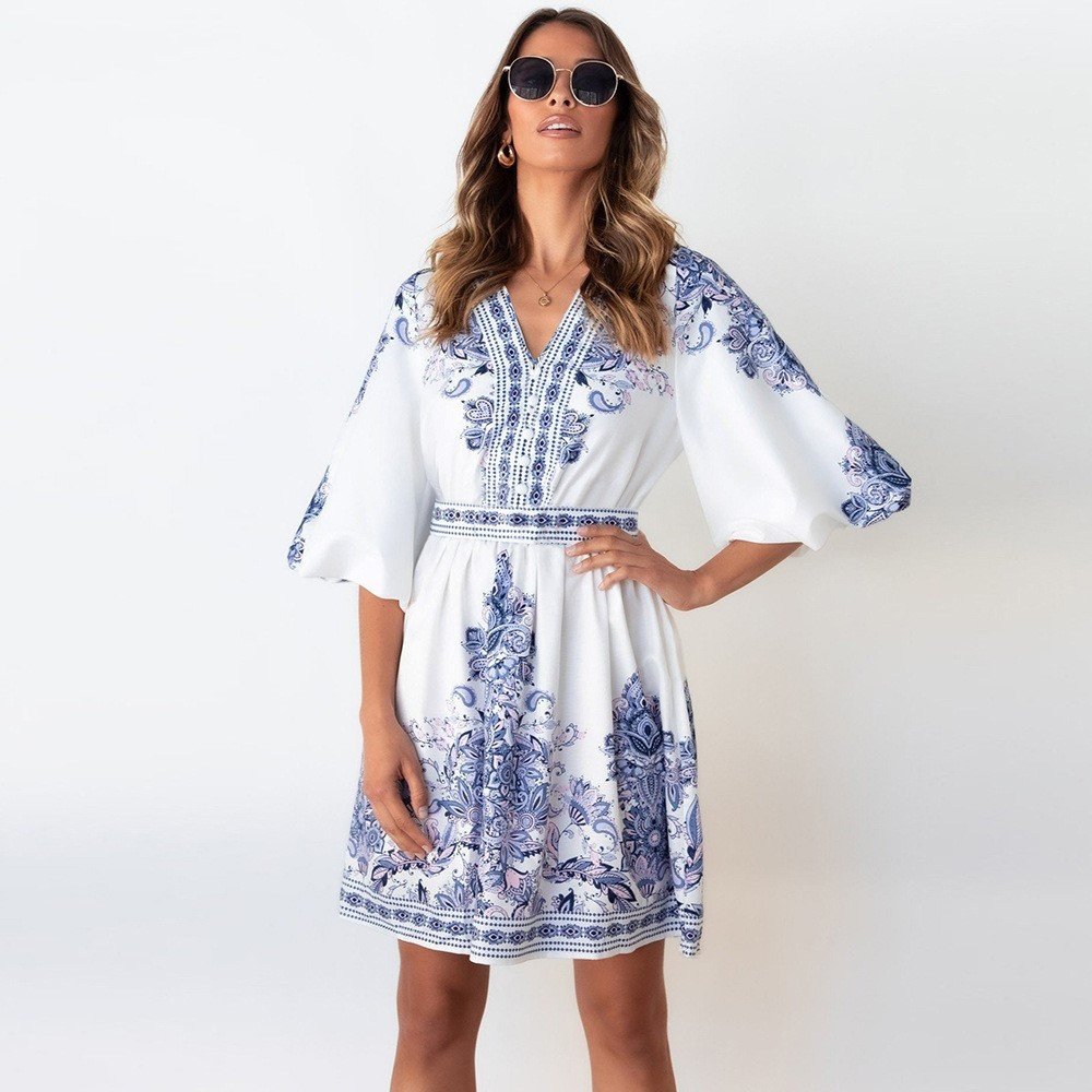 Wholesale Floral Print Vintage Beach Short Dresses Women Lantern Sleeve High Waist V-Neck Robe Courte De Plage