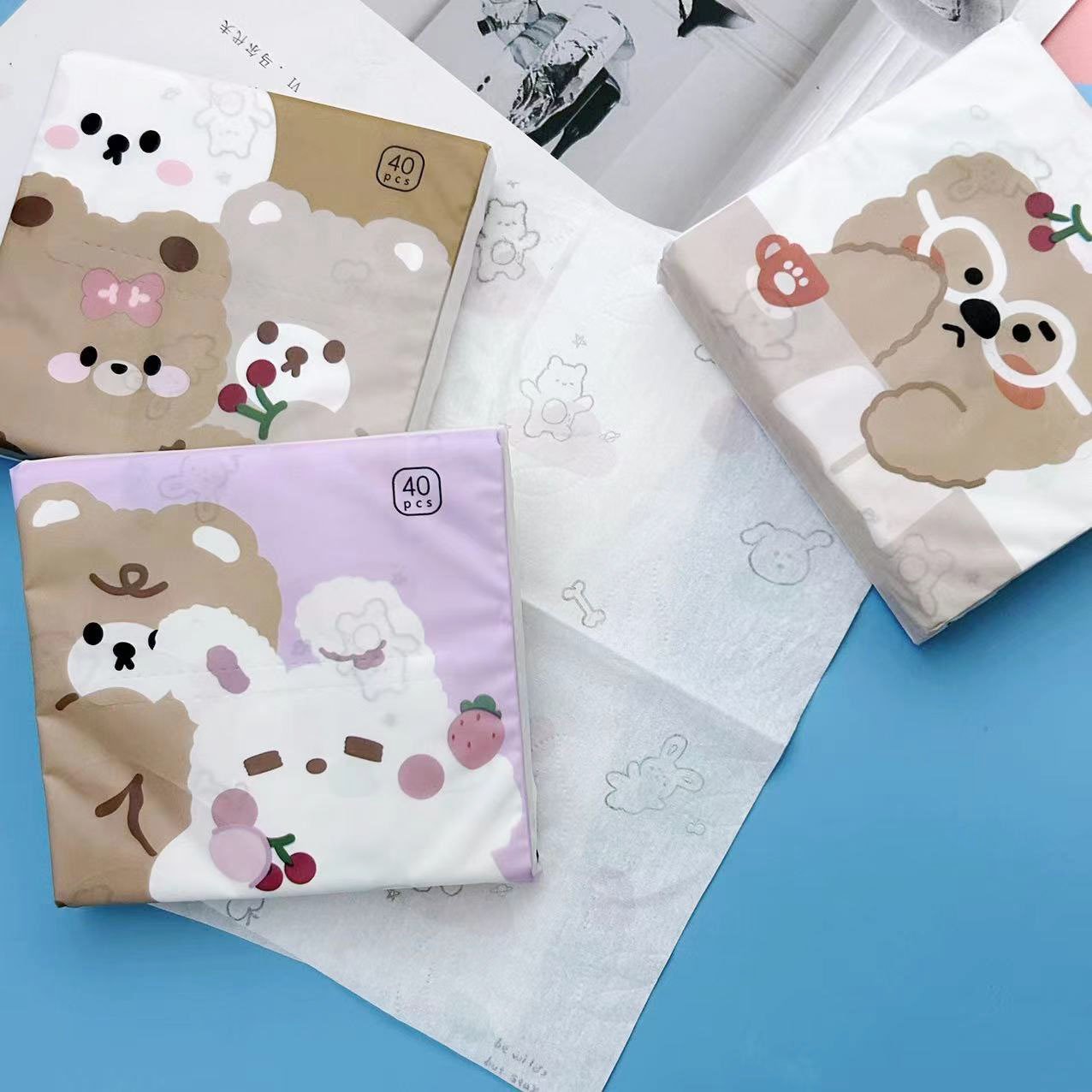 FSC Cherry Bear Portable Facial Tissues Wood Pulp Color Printed Soft 40 Pull Cute Cartoon Handkerchief Pocket Tissue