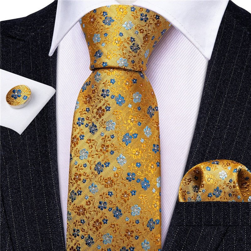 Top Fashion Luxury Business/Casual Golden Yellow Floral Jacquard Weave Men's Tie Set Tie Pocket Square Cufflinks Set For Men