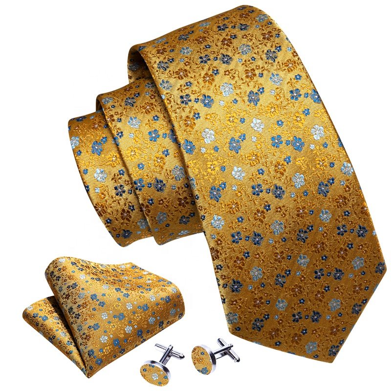Top Fashion Luxury Business/Casual Golden Yellow Floral Jacquard Weave Men's Tie Set Tie Pocket Square Cufflinks Set For Men
