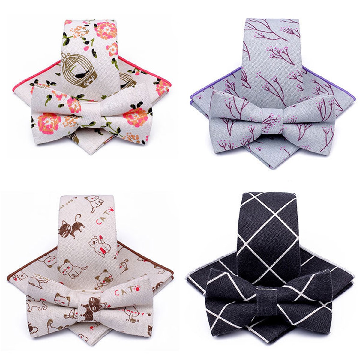 Fashion Necktie Set Floral Plaid Pattern Pocket Square Bowtie Hand Made Tie Handkerchief Bow Tie Set