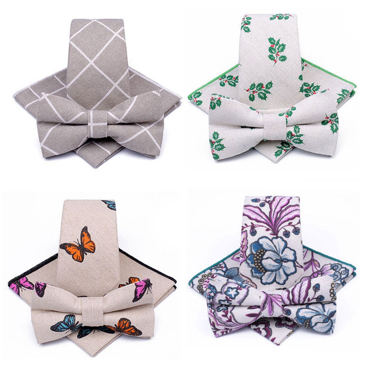 Fashion Necktie Set Floral Plaid Pattern Pocket Square Bowtie Hand Made Tie Handkerchief Bow Tie Set