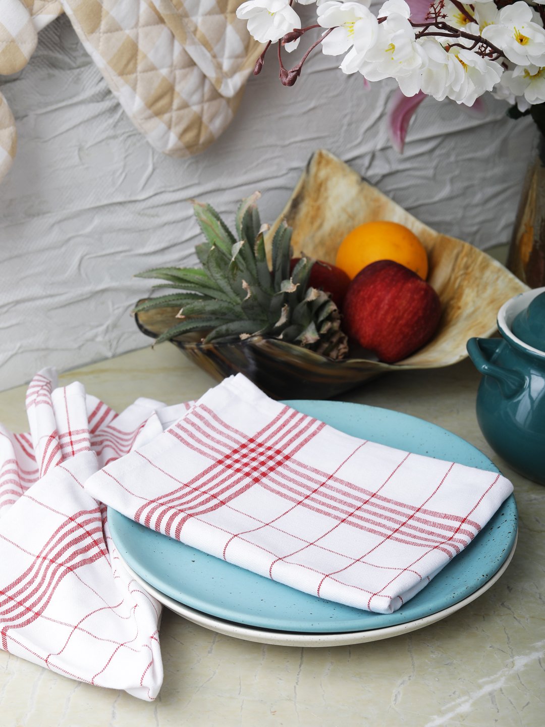 100% Cotton Napkins vintage strips golf kitchen- red