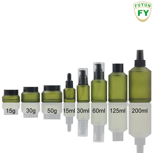 Fuyun High Quality 15ml 30ml 60ml 125ml 200ml Green Color Frosted Glass Cosmetic Empty Lotion Glass Bottle for Skin Care