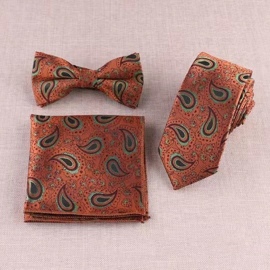 boys green paisley modern fashion mens skinny neck ties 6cm luxury customized necktie and bow tie pocket square set