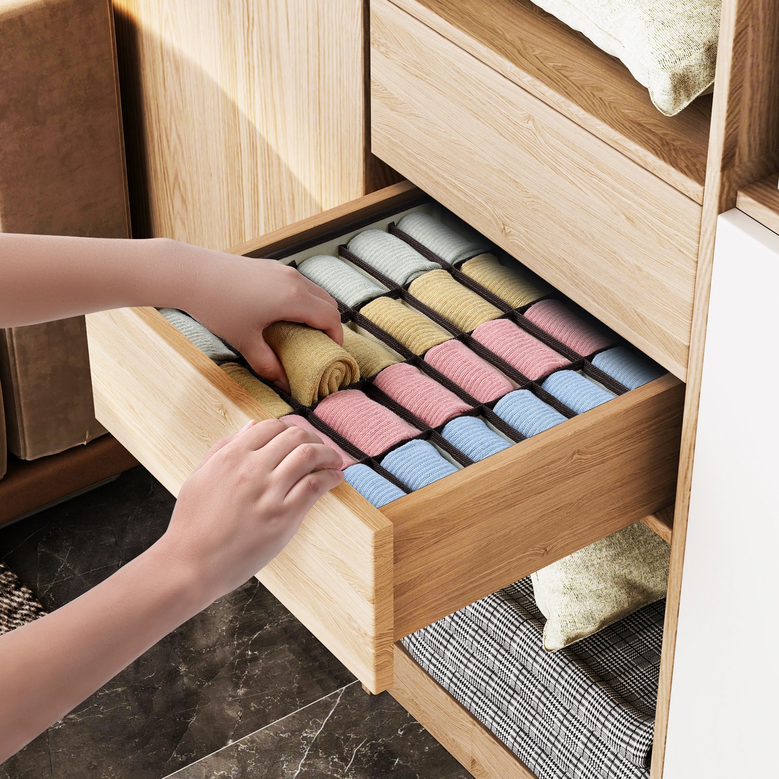 24 Cell Closet Storage Organizer Underwear Drawer Organizer Divider Organizer Storing Sock Holders for Handkerchiefs Ties Belts