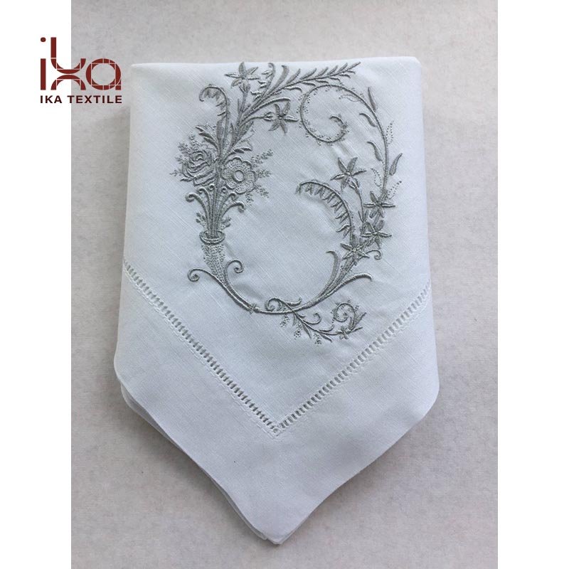 Dinner Restaurant Hemstitch Handkerchief Cloth Embroider Monogram White Linen Fabric Table Napkin