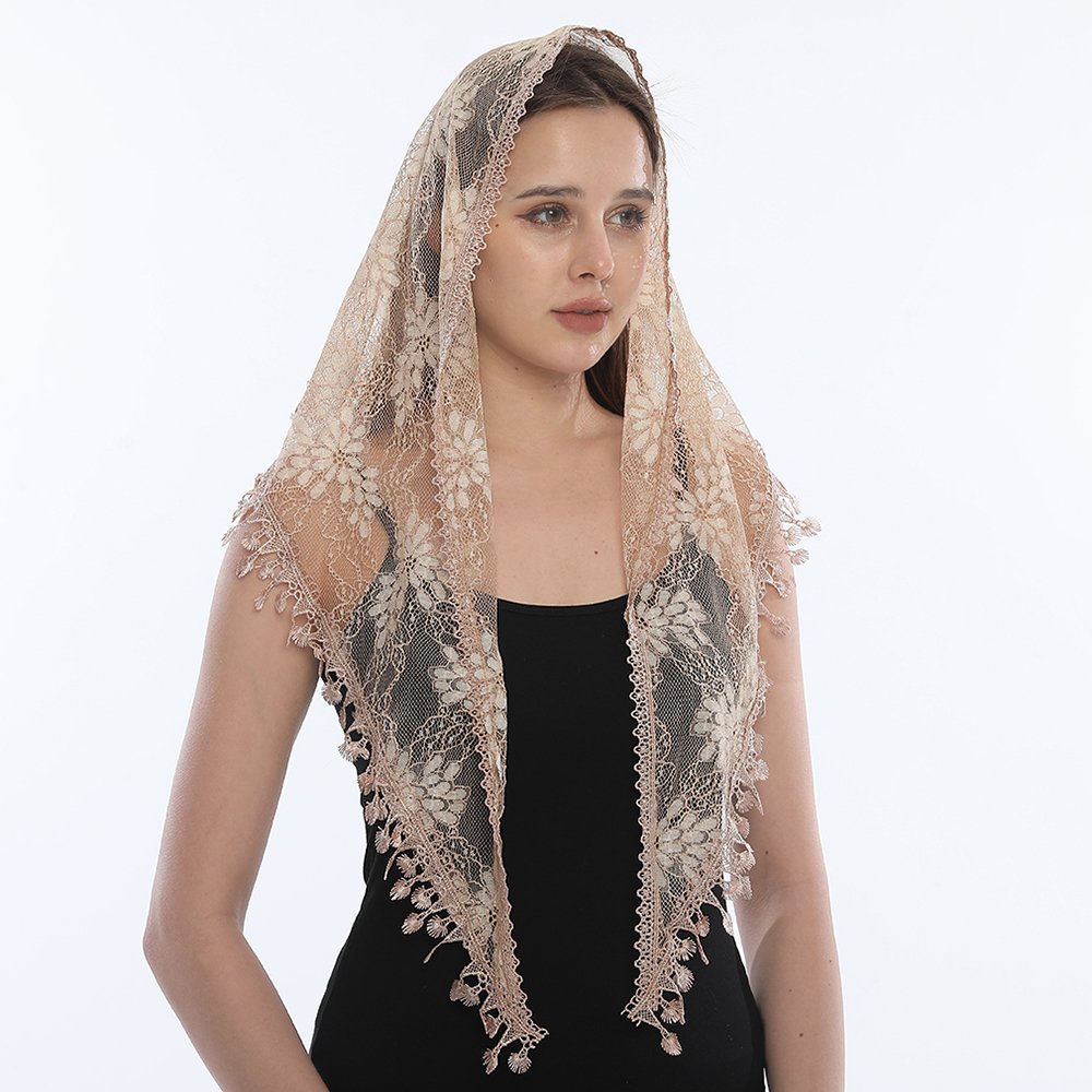 Embroidered Triangle Lace Scarf for Church Shawl Spanish Mantilla Catholic Veil Church Scarf for Women Handkerchief Black White