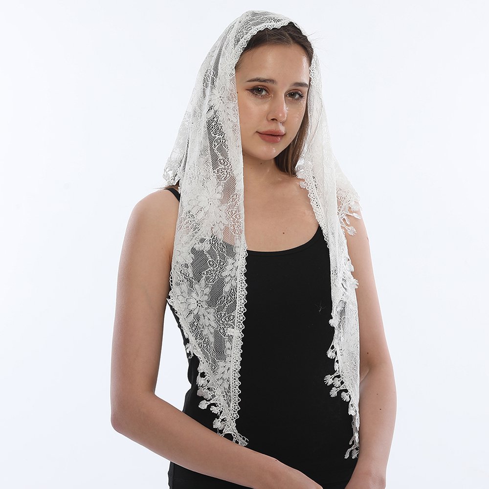 Embroidered Triangle Lace Scarf for Church Shawl Spanish Mantilla Catholic Veil Church Scarf for Women Handkerchief Black White