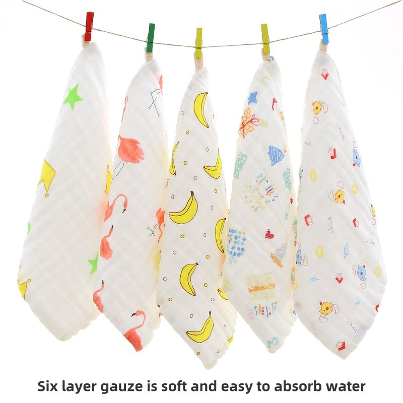 baby saliva towel, feeding towel, soft cartoon baby handkerchief, 6-layer cotton gauze square towel