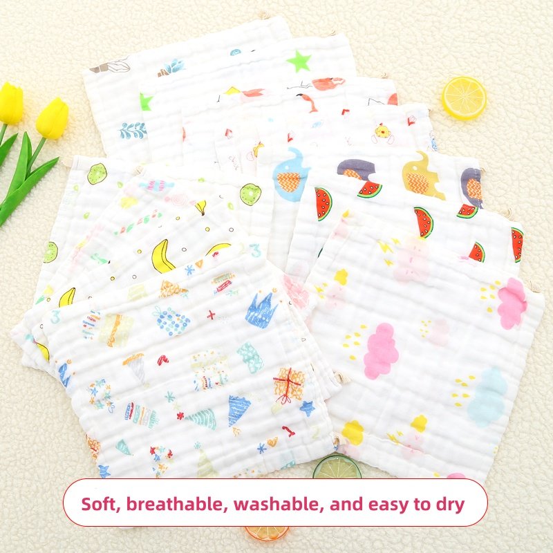 baby saliva towel, feeding towel, soft cartoon baby handkerchief, 6-layer cotton gauze square towel