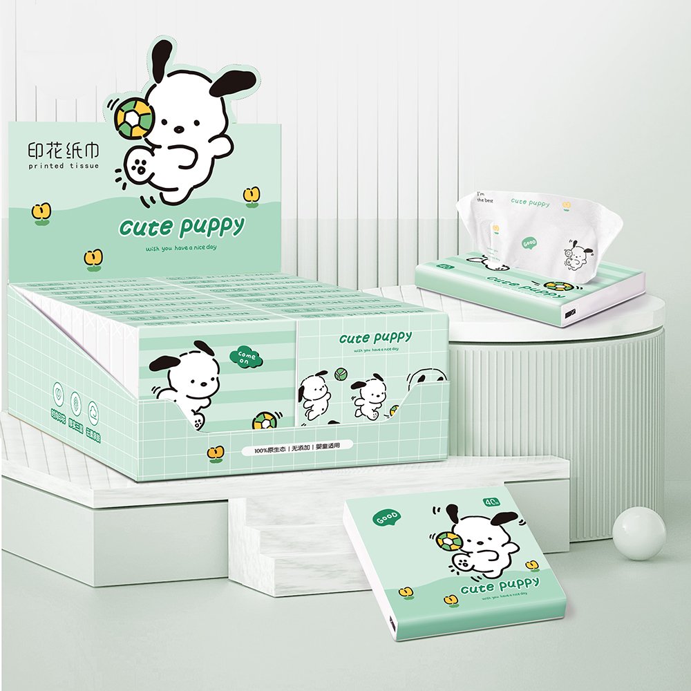FSC New Mini Portable Facial Tissues Wood Pulp Sport Dog Printed Soft 40 Pull Cute Cartoon Handkerchief Pocket Tissue