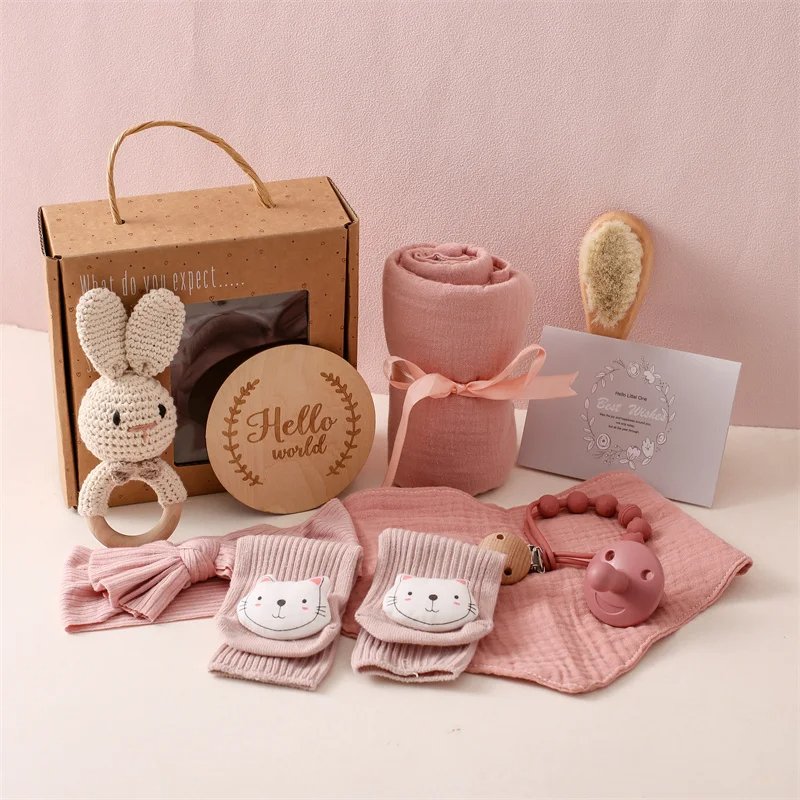 Baby Bath Towels Set Infant Headband Muslin Cloth Hand Face Wipes Saliva Bib Handkerchief Washcloth Rattle Toy Set Gifts