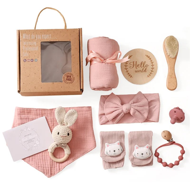 Baby Bath Towels Set Infant Headband Muslin Cloth Hand Face Wipes Saliva Bib Handkerchief Washcloth Rattle Toy Set Gifts