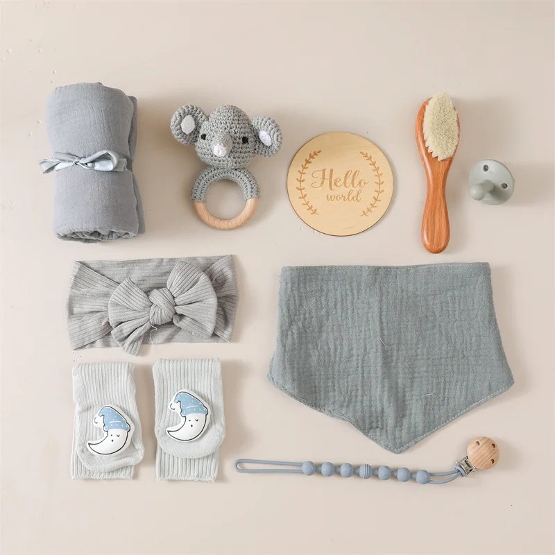 Baby Bath Towels Set Infant Headband Muslin Cloth Hand Face Wipes Saliva Bib Handkerchief Washcloth Rattle Toy Set Gifts