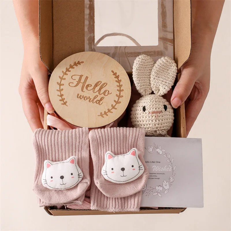 Baby Bath Towels Set Infant Headband Muslin Cloth Hand Face Wipes Saliva Bib Handkerchief Washcloth Rattle Toy Set Gifts
